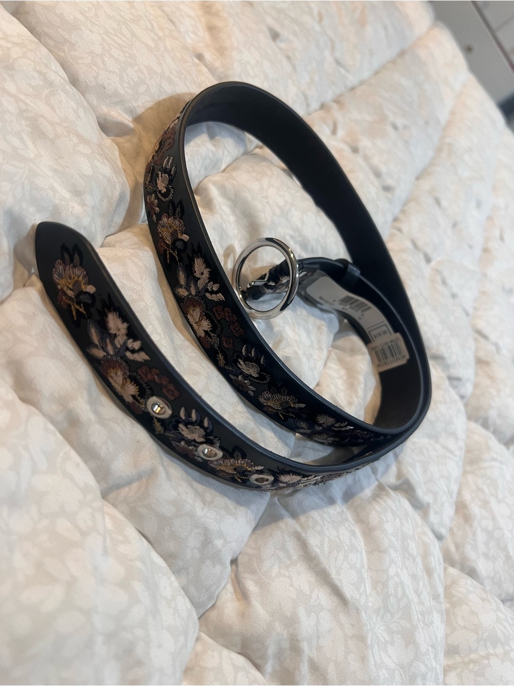 Nordstrom Black Floral Embroidered Belt with Silver Ring Buckle
